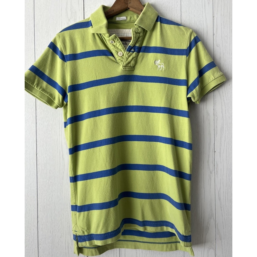 Abercrombie Fitch Muscle Fit Polo Shirt Mens S Lime Green Blue Stripe Moose